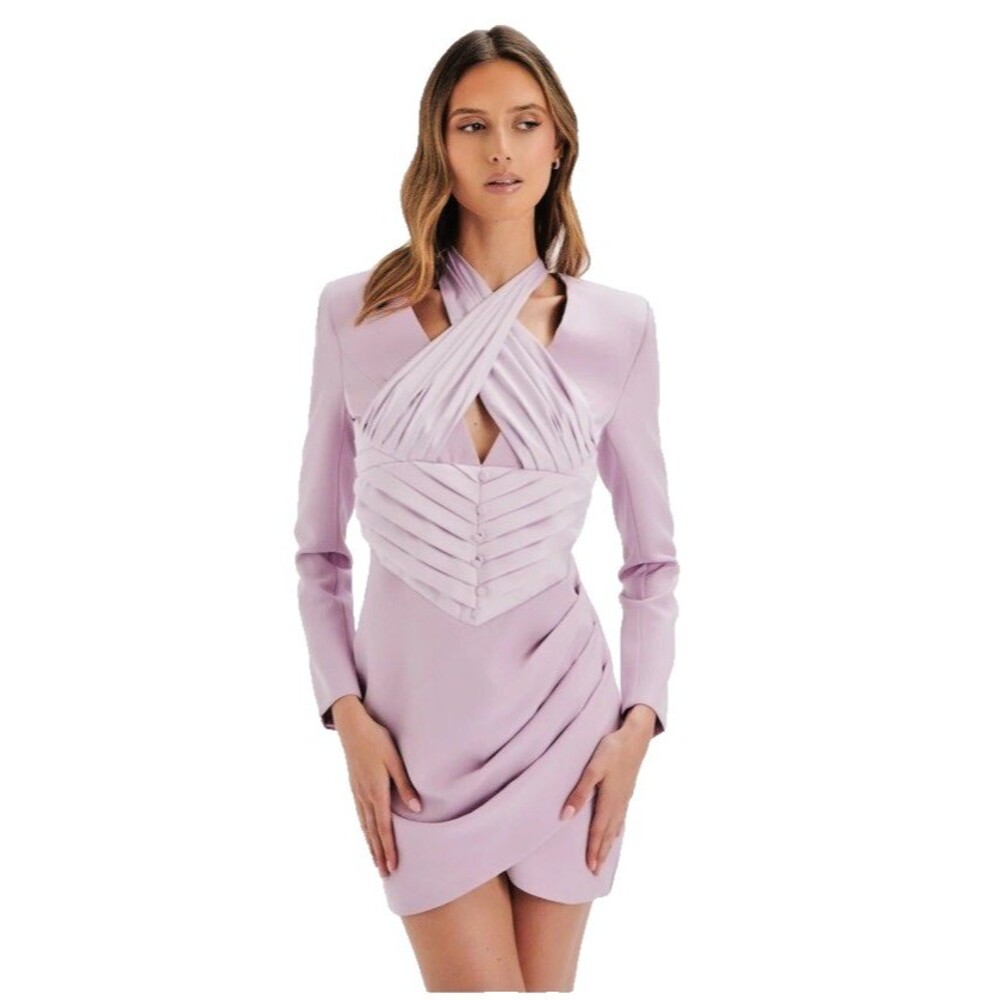 Lavish Alice Pleated Satin Halter Mini Blazer Dress US 10 Lilac Purple Romantic
